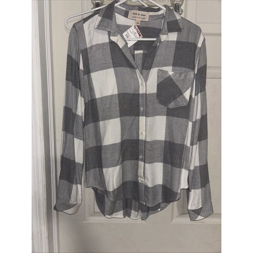 Cloth & Stone Shirt Womens Xsmall Gray White Plaid Button Up  Nwt